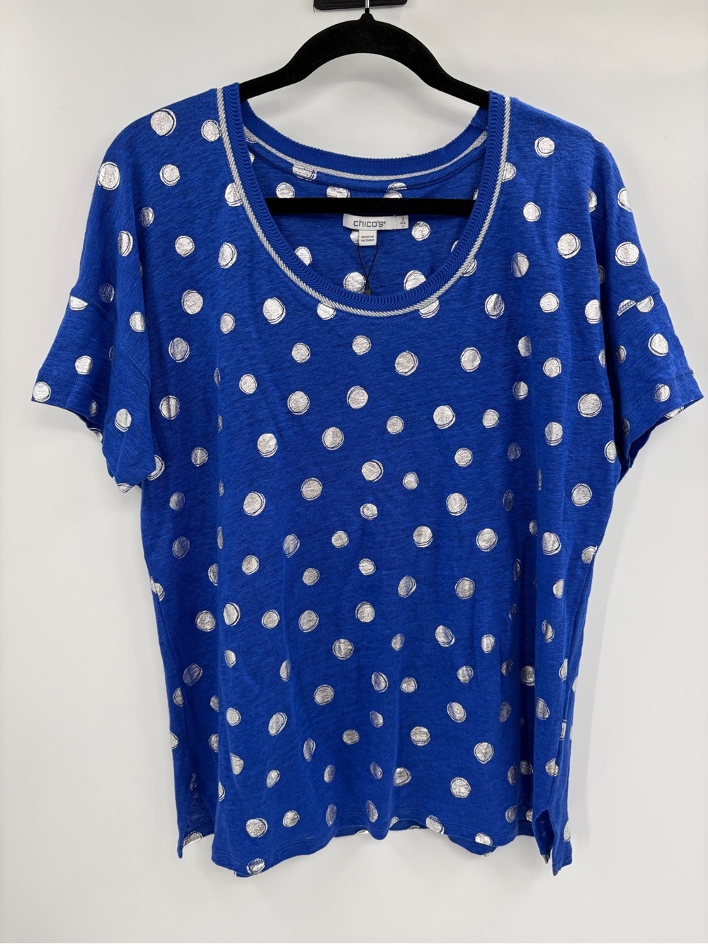 Chicos foiled polka dot sweater trim linen blue tee t-shirt size 3 large NWT